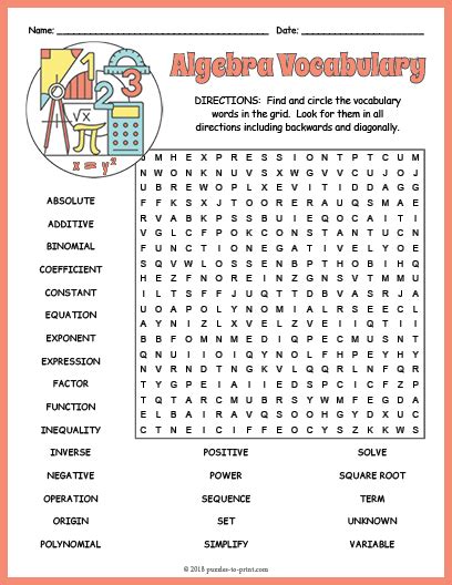 Introduction to Algebra Vocabulary Word Search Answer Key Puzzles to Print
